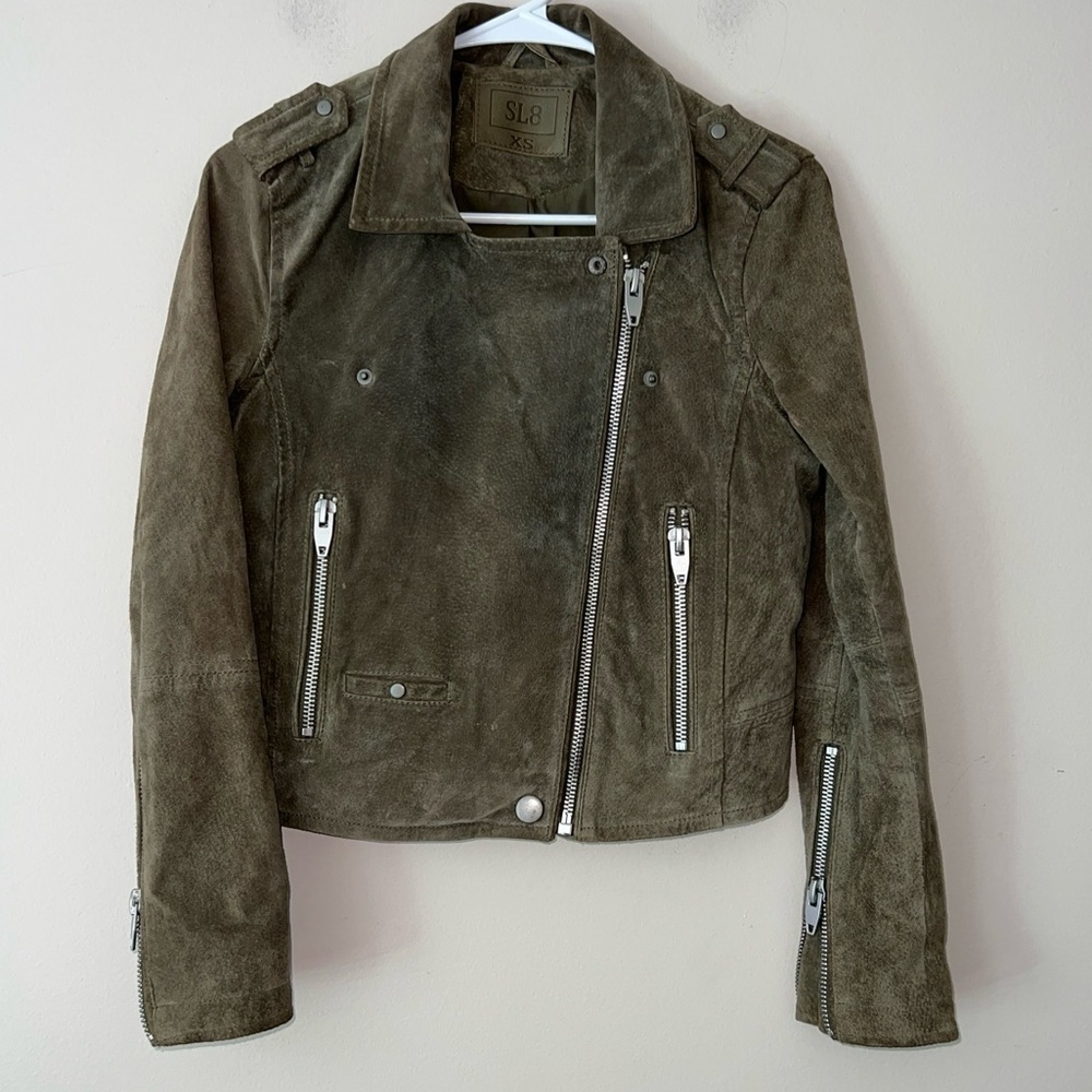 SL8 Blank NYC Suede Leather Moto Jacket Zip Asymmetric Crop Green Size XS